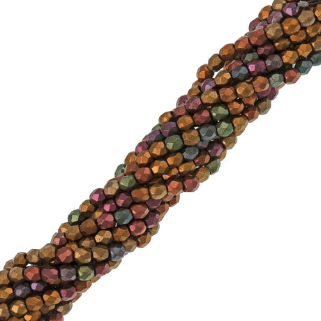 100 Czech Fire Polished 3mm Round Bead Matte Metallic Bronze Iris (01640K)