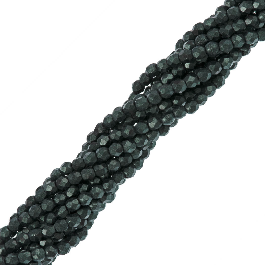 100 Czech Fire Polished 3mm Round Bead Metallic Suede Dark Forest (79052)