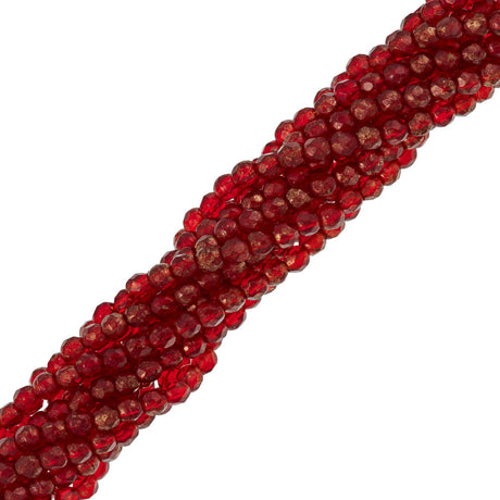 100 Czech Fire Polished 3mm Round Bead Siam Ruby Marbled Gold (90080GM)