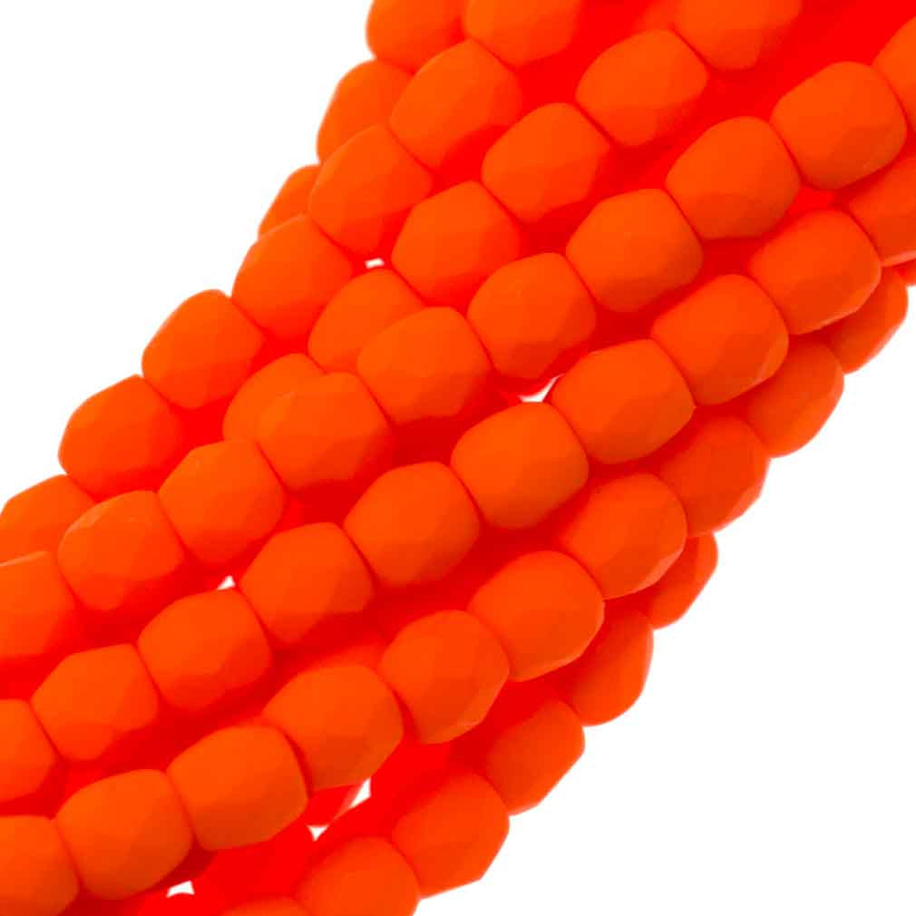 100 Czech Fire Polished 3mm Round Bead Neon Orange (25122)