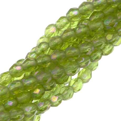 100 Czech Fire Polished 3mm Round Bead Olivine Luster Iris (50230LR)