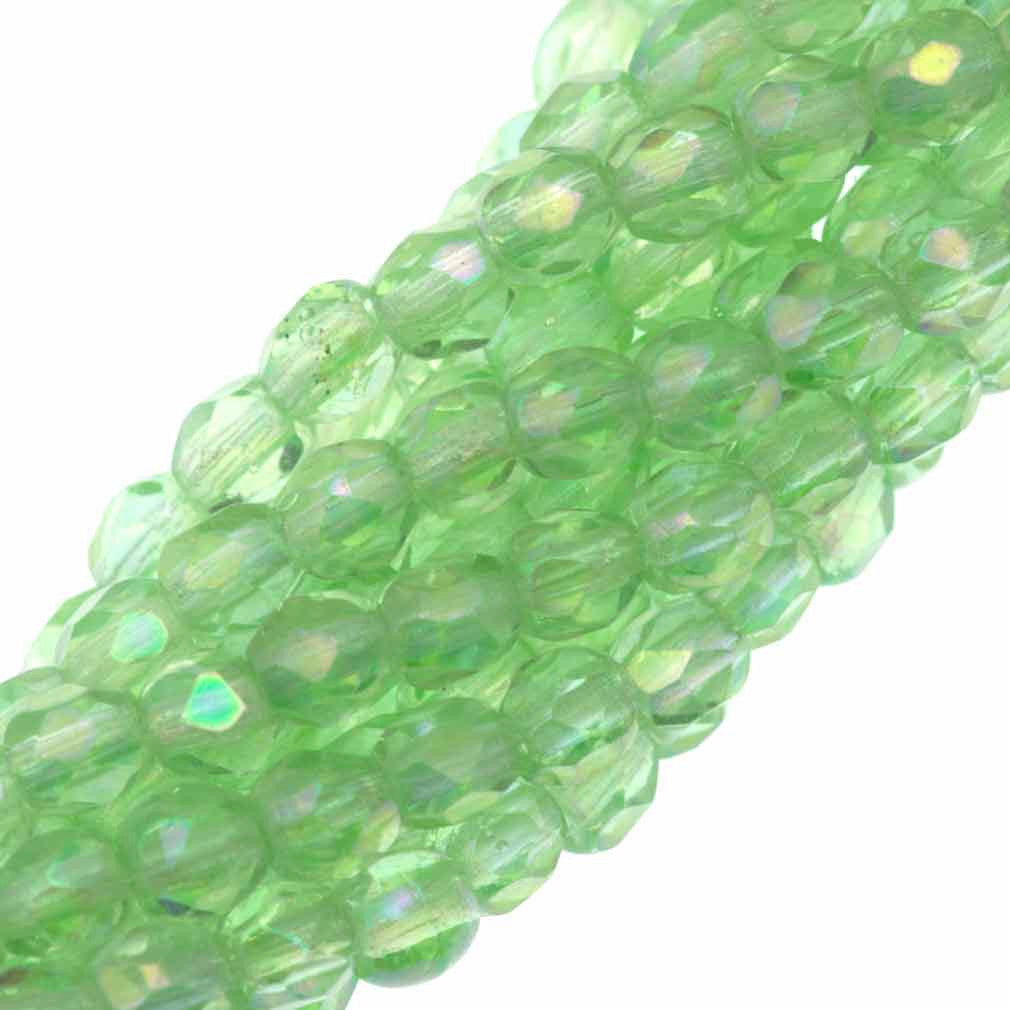 100 Czech Fire Polished 3mm Round Bead Peridot Luster Iris (50500LR)