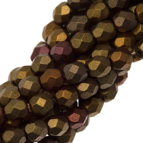 100 Czech Fire Polished 4mm Round Bead Matte Metallic Gold Iris (01610K)