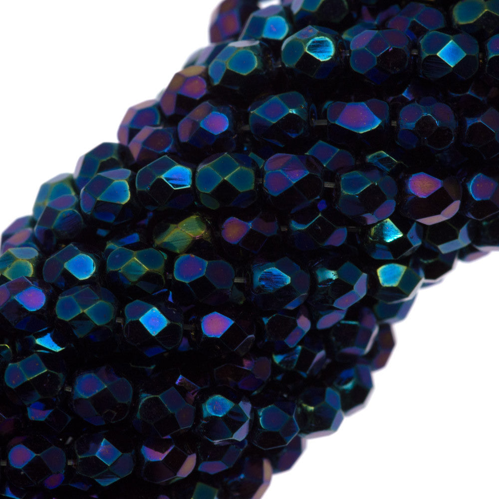 100 Czech Fire Polished 4mm Round Bead Blue Iris (21435)