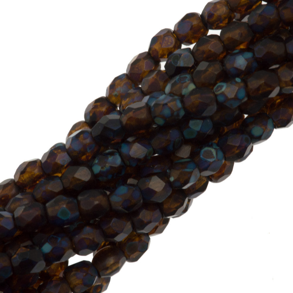 100 Czech Fire Polished 3mm Round Bead Matte Smoky Topaz Picasso (10230TM)