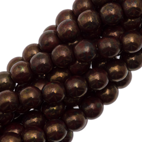 100 Czech 6mm Pressed Glass Round Opaque Dark Red Bronze Picasso Beads (15696P)