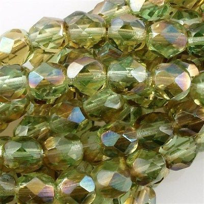 50 Czech Fire Polished 6mm Round Bead Chrysolite Celsian (50800Z)