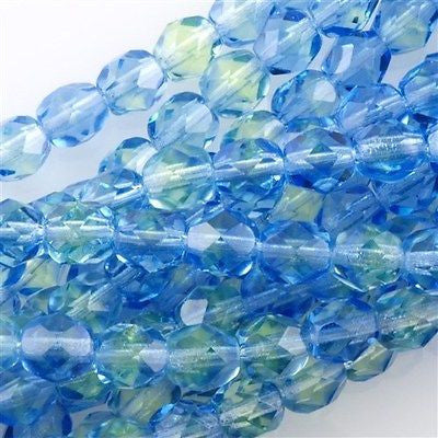 50 Czech Fire Polished 8mm Round Bead Blue Light Green (87311)