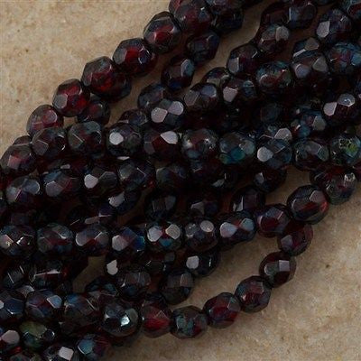 100 Czech Fire Polished 4mm Round Bead Ruby Picasso (90080T)