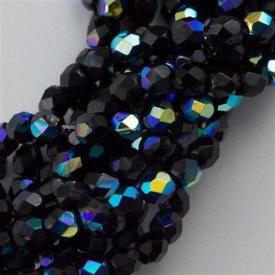 100 Czech Fire Polished 3mm Round Beads Jet AB (23980X)