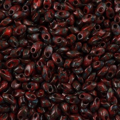 Miyuki Long Magatama Seed Bead Opaque Red Picasso 8g Tube (4513)