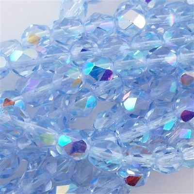 50 Czech Fire Polished 8mm Round Bead Blue Sky AB (30010X)