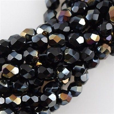 50 Czech Fire Polished 6mm Round Bead Jet Twilight (23980W)