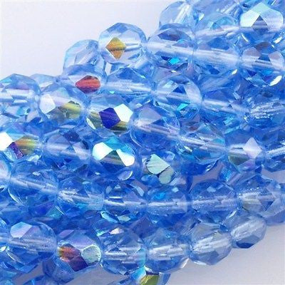 50 Czech Fire Polished 6mm Round Bead Medium Sapphire AB (30030X)