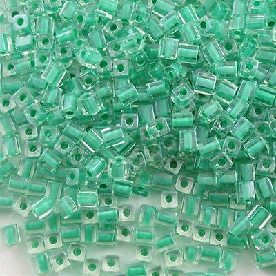 Miyuki 4mm Cube Seed Bead Inside Color Lined Aqua Green 10g (219)