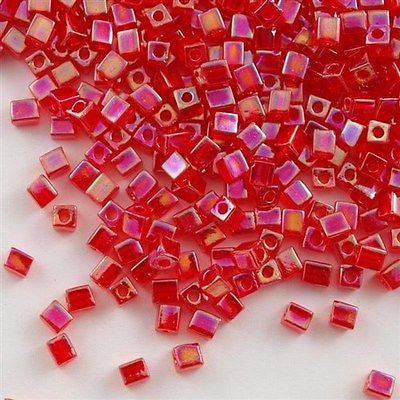 Miyuki 4mm Square Seed Bead Transparent Red AB 19g Tube (254)