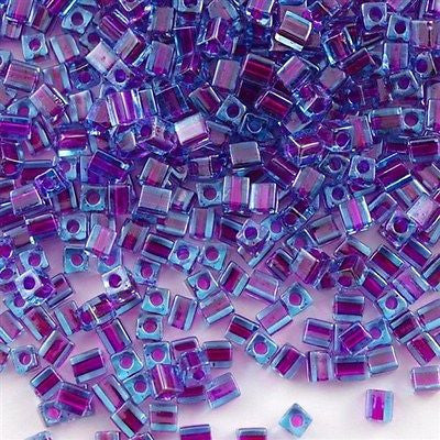 Miyuki 4mm Square Seed Bead Blue Inside Color Lined Fuchsia 19g Tube (2651)