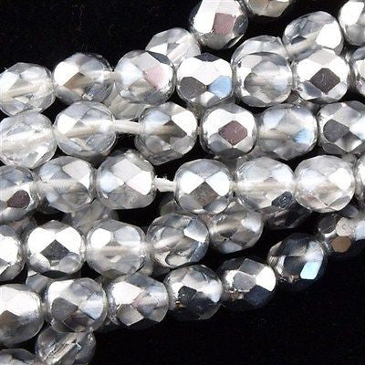 50 Czech Fire Polished 6mm Round Bead Mirror Aluminum (97302)