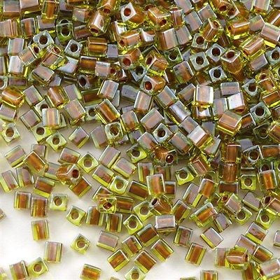 Miyuki 4mm Cube Seed Bead Inside Color Lined Peridot Brown 15g SB4-2633