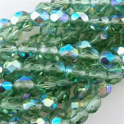 50 Czech Fire Polished 6mm Round Bead Light Prairie Green AB (50330X)