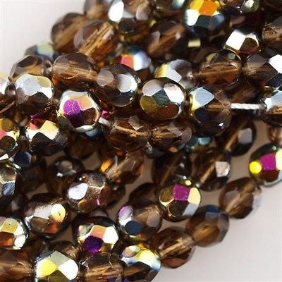 50 Czech Fire Polished 6mm Round Bead Smoky Topaz Vitral (10230V)