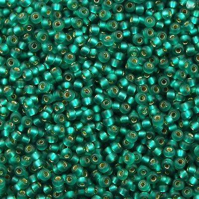 50g Miyuki Round Seed Bead 11/0 Matte Silver Lined Emerald (17F)