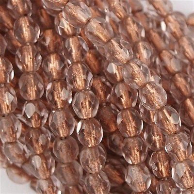 100 Czech Fire Polished 4mm Round Bead Copper Line Light Amethyst (20020CL)