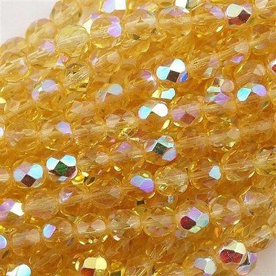 50 Czech Fire Polished 6mm Round Bead Light Topaz AB (10020X)