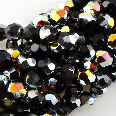 50 Czech Fire Polished 6mm Round Bead Jet Marea (28002)