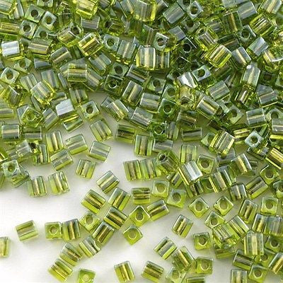 Miyuki 4mm Square Seed Bead Inside Color Lined Peridot Olive 19g Tube (2635)