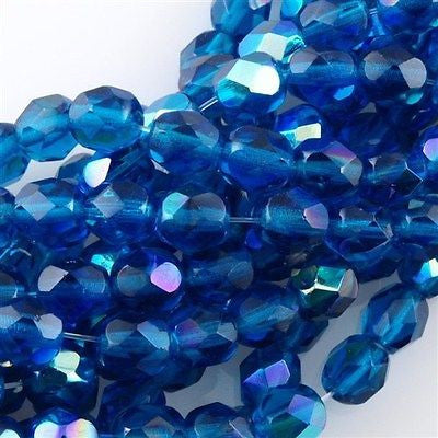 50 Czech Fire Polished 6mm Round Bead Capri Blue AB (60080X)