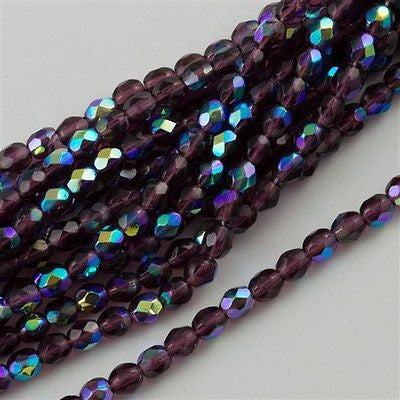 100 Czech Fire Polished 4mm Round Bead Amethyst AB (20060X)