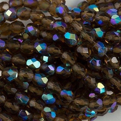 50 Czech Fire Polished 6mm Round Bead Smoky Topaz AB (10230X)