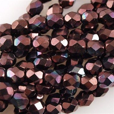 50 Czech Fire Polished 6mm Round Bead Metallic Amethyst Luster (15726B)