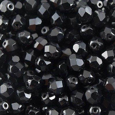 50 Czech Fire Polished 8mm Round Bead Jet Black (23980)