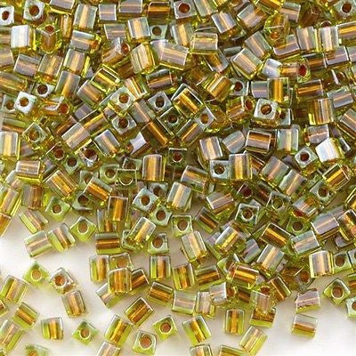 Miyuki 4mm Square Seed Bead Peridot Inside Color Lined Bronze 19g Tube (2631)