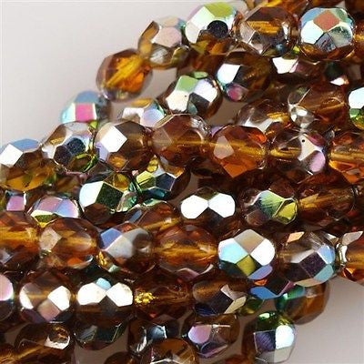 50 Czech Fire Polished 6mm Round Bead Dark Topaz Vitrail (10090V)