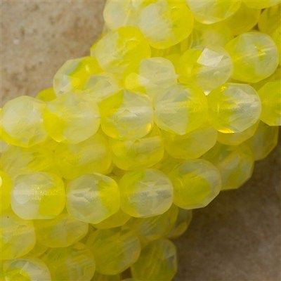 50 Czech Fire Polished 6mm Round Bead Lemon Milky White (81212)