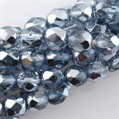 50 Czech Fire Polished 6mm Round Bead Mirror Light Sapphire (97333)