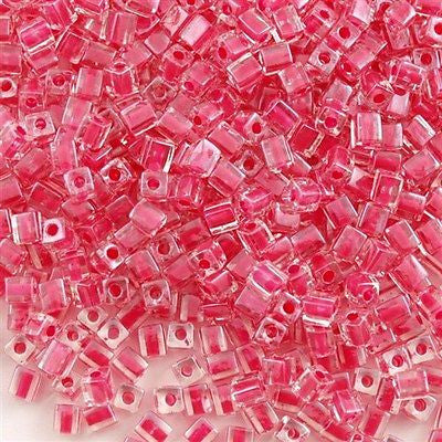 Miyuki 4mm Square Seed Bead Inside Color Lined Raspberry 19g Tube (208)