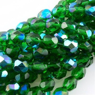 50 Czech Fire Polished 6mm Round Bead Green Emerald AB (50140X)