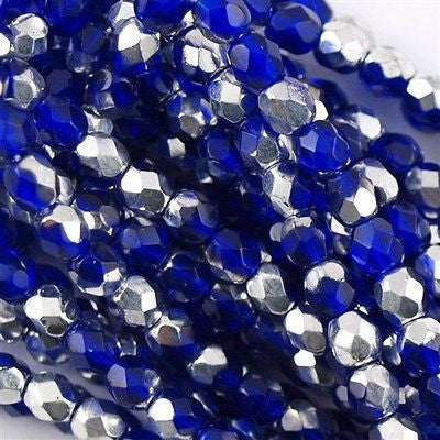 100 Czech Fire Polished 4mm Round Bead Silver Cobalt (30090S)