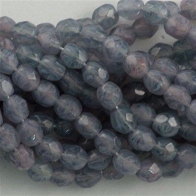 100 Czech Fire Polished 4mm Round Bead Hurricane Milky Blue Gray Pink (99544)