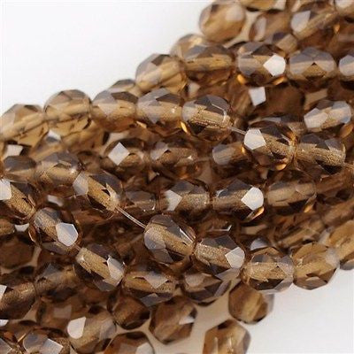 50 Czech Fire Polished 6mm Round Bead Smoky Topaz (10230)