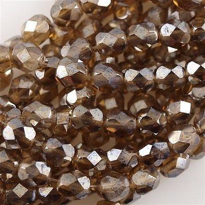 100 Czech Fire Polished 4mm Round Bead Smoky Topaz Luster (10230L)