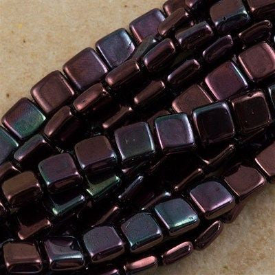 50 CzechMates 6mm Two Hole Tile Beads Metallic Amethyst Luster (15726B)