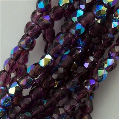 50 Czech Fire Polished 8mm Round Bead Amethyst AB (20060X)