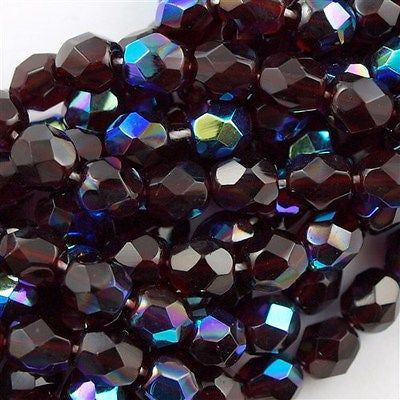 50 Czech Fire Polished 6mm Round Bead Garnet AB (90110X)