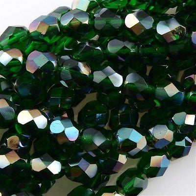 50 Czech Fire Polished 6mm Round Bead Emerald Celsian (50140Z)