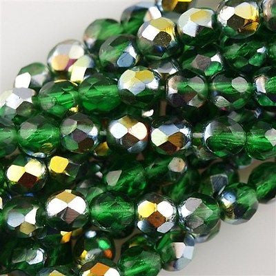 50 Czech Fire Polished 6mm Round Bead Marea Green Emerald (50140MA)